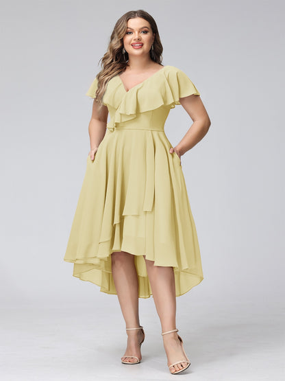A-Line V-Neck Short Sleeves Asymmetrical Chiffon Plus Size Bridesmaid Dresses With Pockets