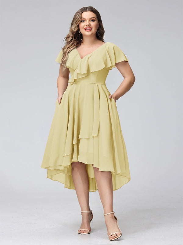 A-Line V-Neck Short Sleeves Asymmetrical Chiffon Plus Size Bridesmaid Dresses With Pockets