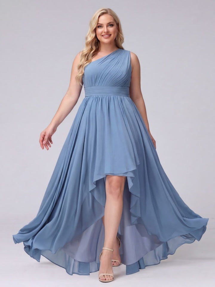 A-Line One-Shoulder Sleeveless Chiffon High Low Plus Size Bridesmaid Dresses with Pockets