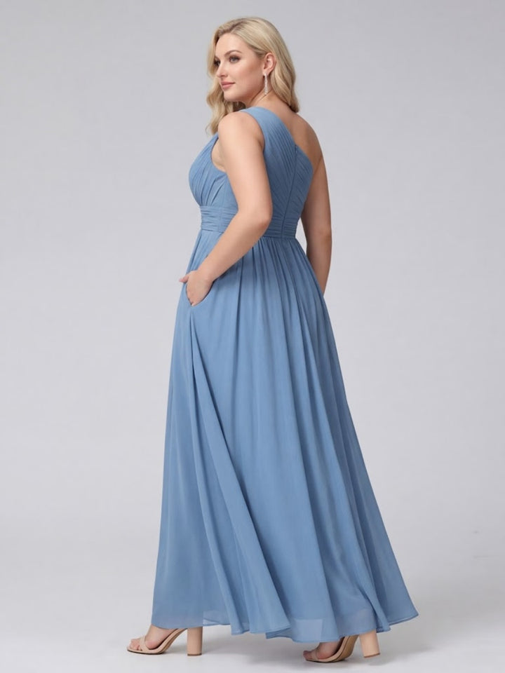 A-Line One-Shoulder Sleeveless Chiffon High Low Plus Size Bridesmaid Dresses with Pockets