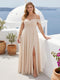A-Line Off-the-Shoulder Sleeveless Ruched Long Chiffon Plus Size Bridesmaid Dresses with Split Side