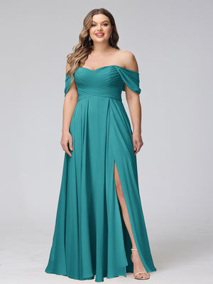 A-Line Off-the-Shoulder Sleeveless Ruched Long Chiffon Plus Size Bridesmaid Dresses with Split Side