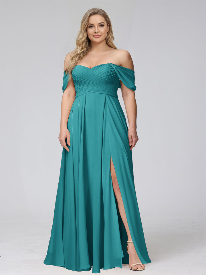A-Line Off-the-Shoulder Sleeveless Ruched Long Chiffon Plus Size Bridesmaid Dresses with Split Side