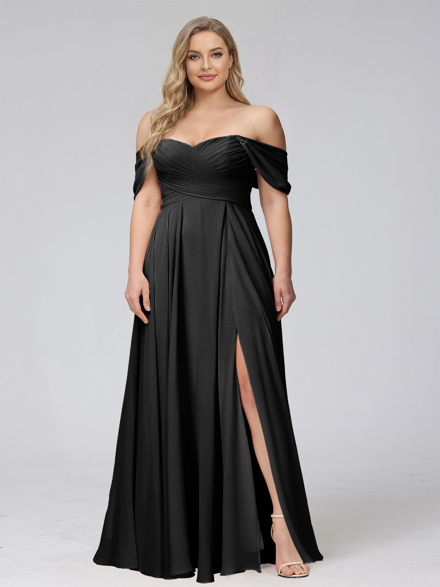 A-Line Off-the-Shoulder Sleeveless Ruched Long Chiffon Plus Size Bridesmaid Dresses with Split Side