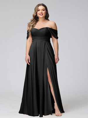 A-Line Off-the-Shoulder Sleeveless Ruched Long Chiffon Plus Size Bridesmaid Dresses with Split Side