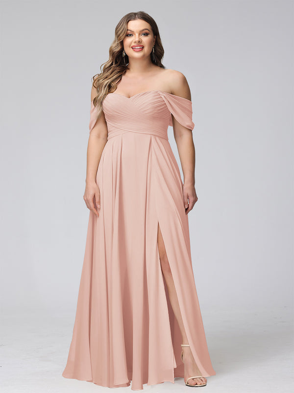 A-Line Off-the-Shoulder Sleeveless Ruched Long Chiffon Plus Size Bridesmaid Dresses with Split Side