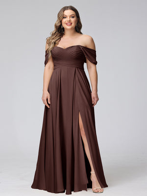 A-Line Off-the-Shoulder Sleeveless Ruched Long Chiffon Plus Size Bridesmaid Dresses with Split Side