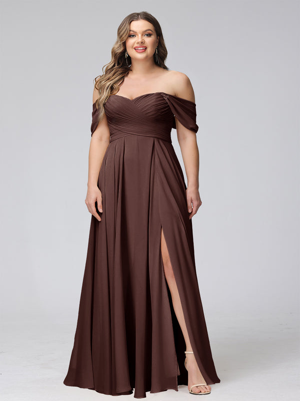 A-Line Off-the-Shoulder Sleeveless Ruched Long Chiffon Plus Size Bridesmaid Dresses with Split Side