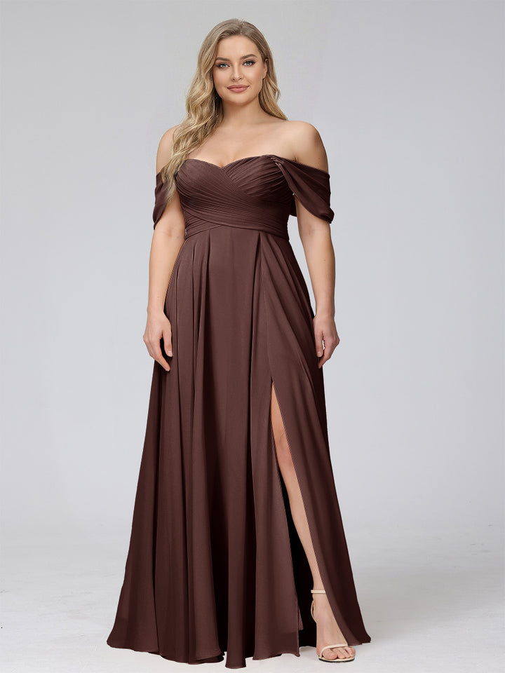 A-Line Off-the-Shoulder Sleeveless Ruched Long Chiffon Plus Size Bridesmaid Dresses with Split Side
