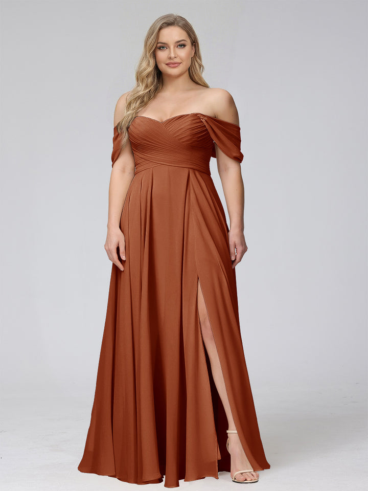 A-Line Off-the-Shoulder Sleeveless Ruched Long Chiffon Plus Size Bridesmaid Dresses with Split Side