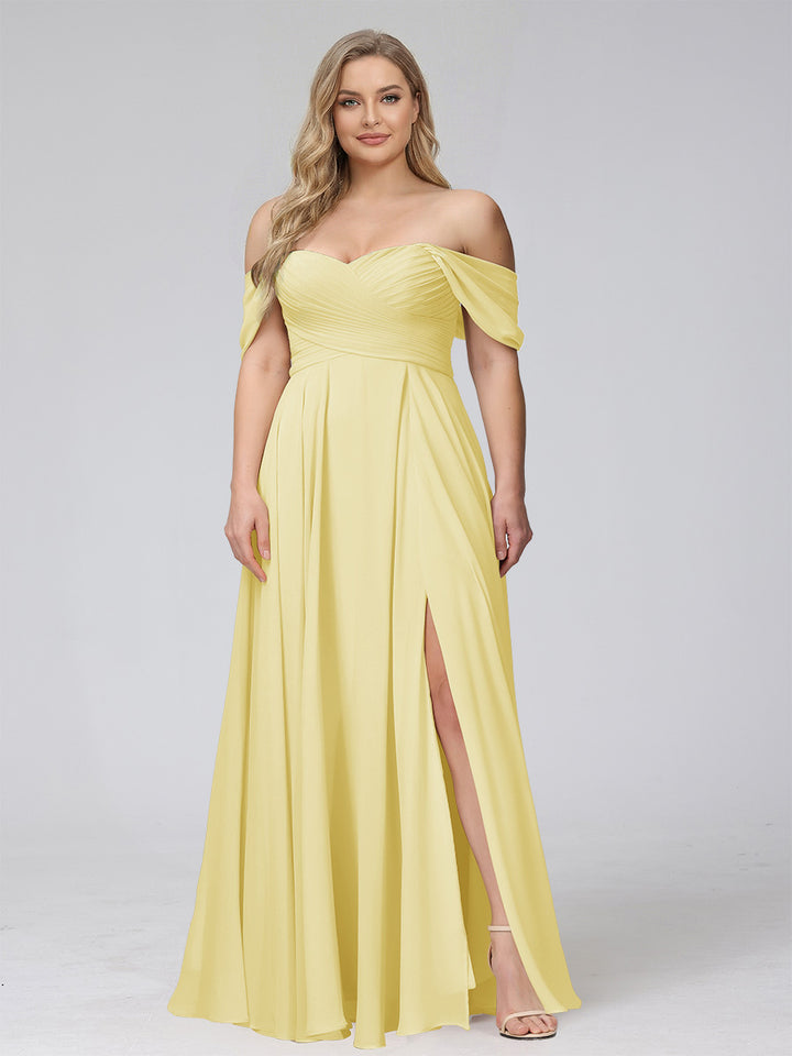 A-Line Off-the-Shoulder Sleeveless Ruched Long Chiffon Plus Size Bridesmaid Dresses with Split Side