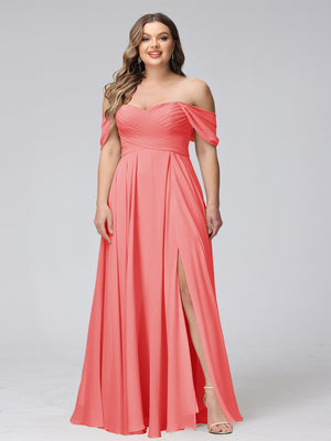 A-Line Off-the-Shoulder Sleeveless Ruched Long Chiffon Plus Size Bridesmaid Dresses with Split Side