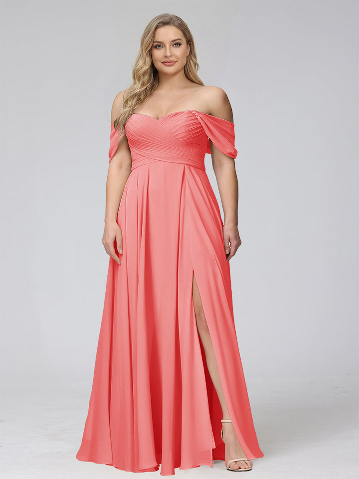 A-Line Off-the-Shoulder Sleeveless Ruched Long Chiffon Plus Size Bridesmaid Dresses with Split Side