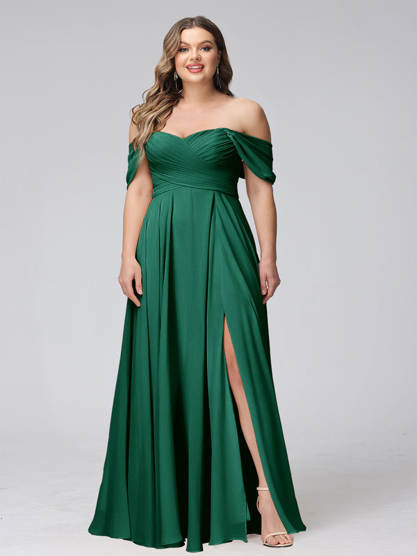A-Line Off-the-Shoulder Sleeveless Ruched Long Chiffon Plus Size Bridesmaid Dresses with Split Side
