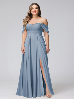 A-Line Off-the-Shoulder Sleeveless Ruched Long Chiffon Plus Size Bridesmaid Dresses with Split Side