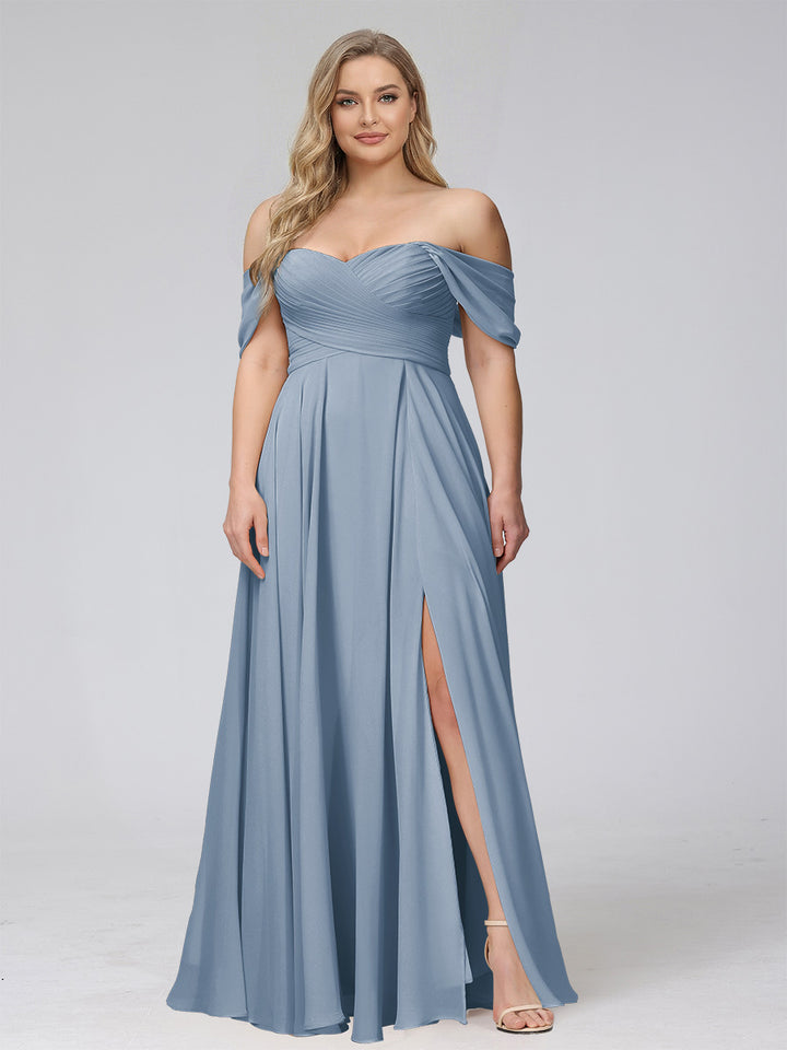 A-Line Off-the-Shoulder Sleeveless Ruched Long Chiffon Plus Size Bridesmaid Dresses with Split Side