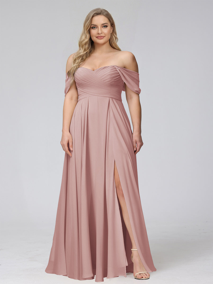 A-Line Off-the-Shoulder Sleeveless Ruched Long Chiffon Plus Size Bridesmaid Dresses with Split Side