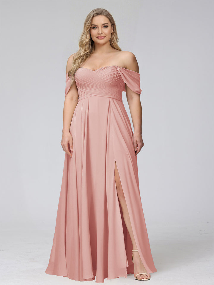 A-Line Off-the-Shoulder Sleeveless Ruched Long Chiffon Plus Size Bridesmaid Dresses with Split Side