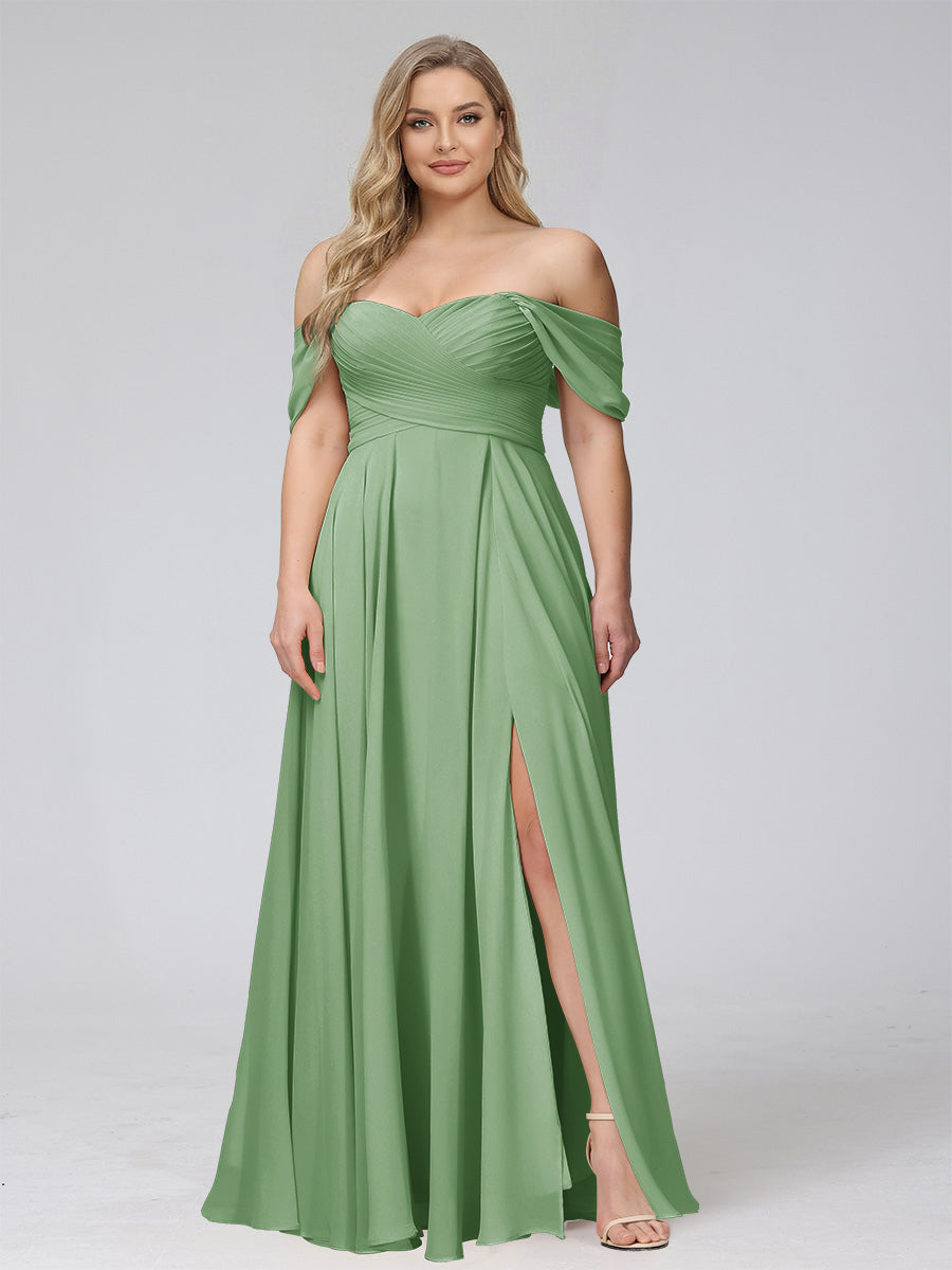 A-Line Off-the-Shoulder Sleeveless Ruched Long Chiffon Plus Size Bridesmaid Dresses with Split Side