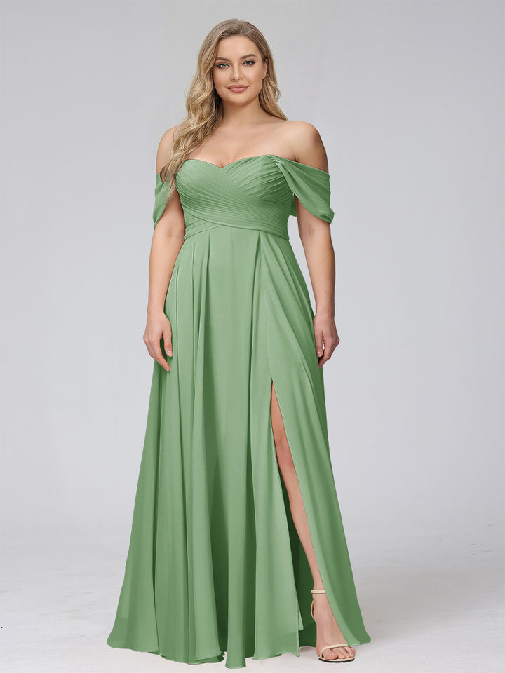A-Line Off-the-Shoulder Sleeveless Ruched Long Chiffon Plus Size Bridesmaid Dresses with Split Side