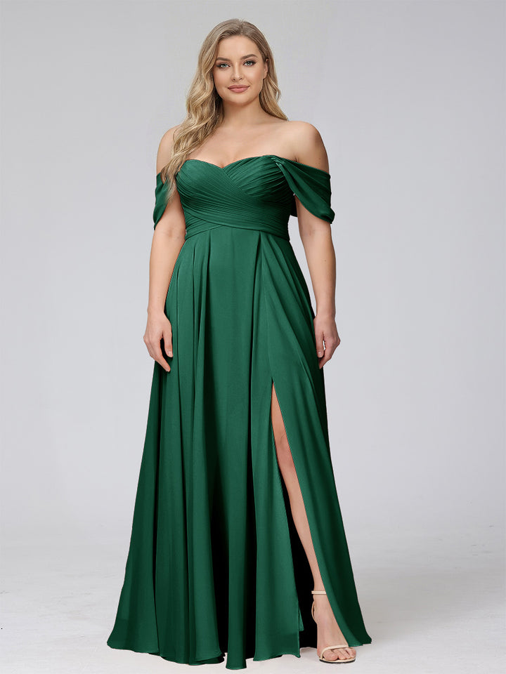 A-Line Off-the-Shoulder Sleeveless Ruched Long Chiffon Plus Size Bridesmaid Dresses with Split Side