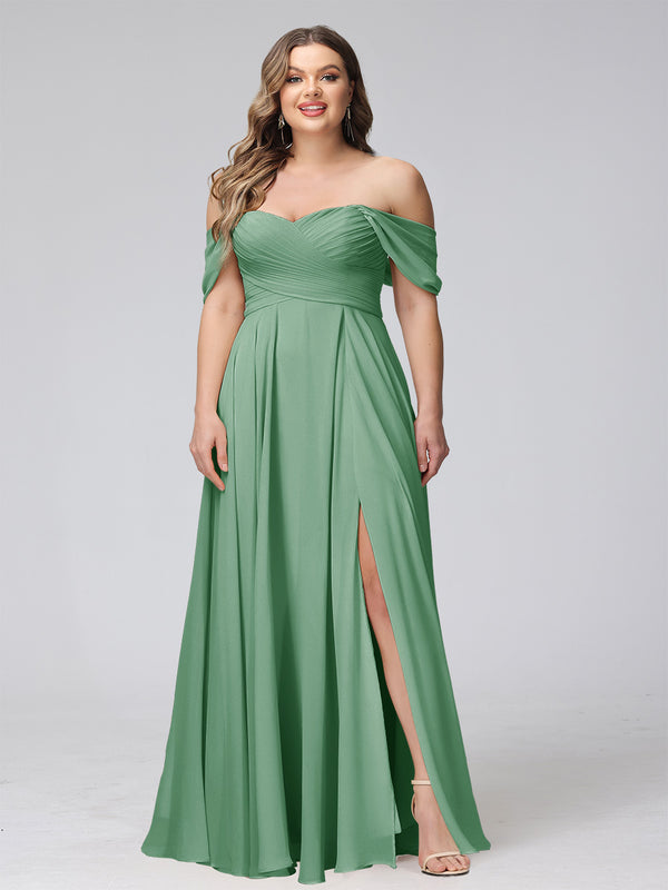 A-Line Off-the-Shoulder Sleeveless Ruched Long Chiffon Plus Size Bridesmaid Dresses with Split Side