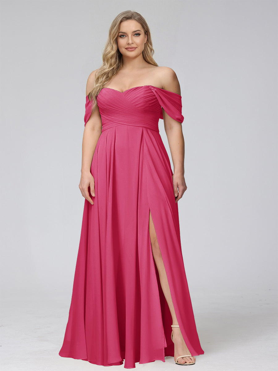 A-Line Off-the-Shoulder Sleeveless Ruched Long Chiffon Plus Size Bridesmaid Dresses with Split Side
