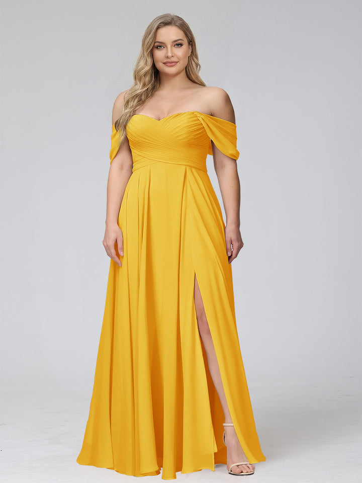 A-Line Off-the-Shoulder Sleeveless Ruched Long Chiffon Plus Size Bridesmaid Dresses with Split Side