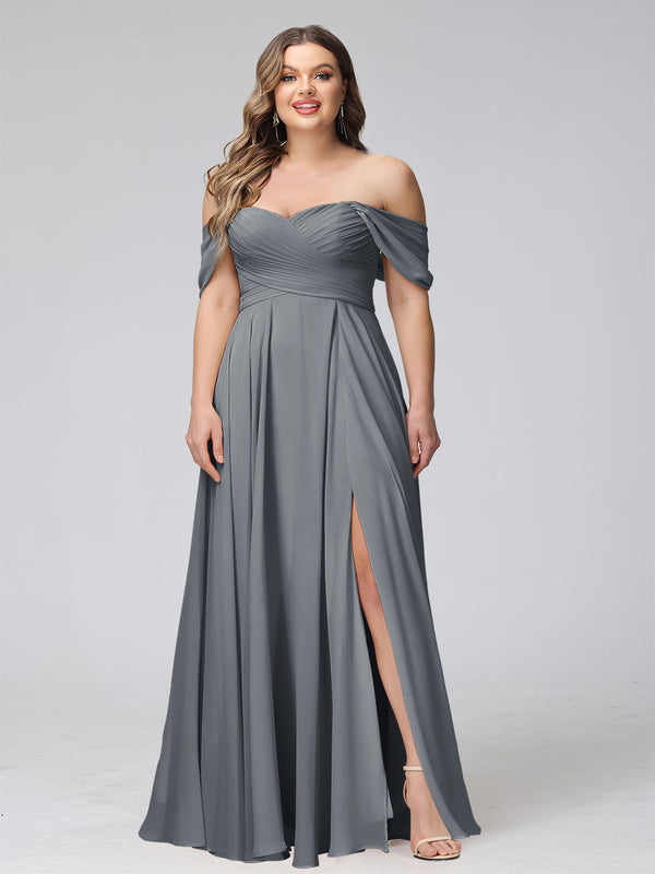 A-Line Off-the-Shoulder Sleeveless Ruched Long Chiffon Plus Size Bridesmaid Dresses with Split Side
