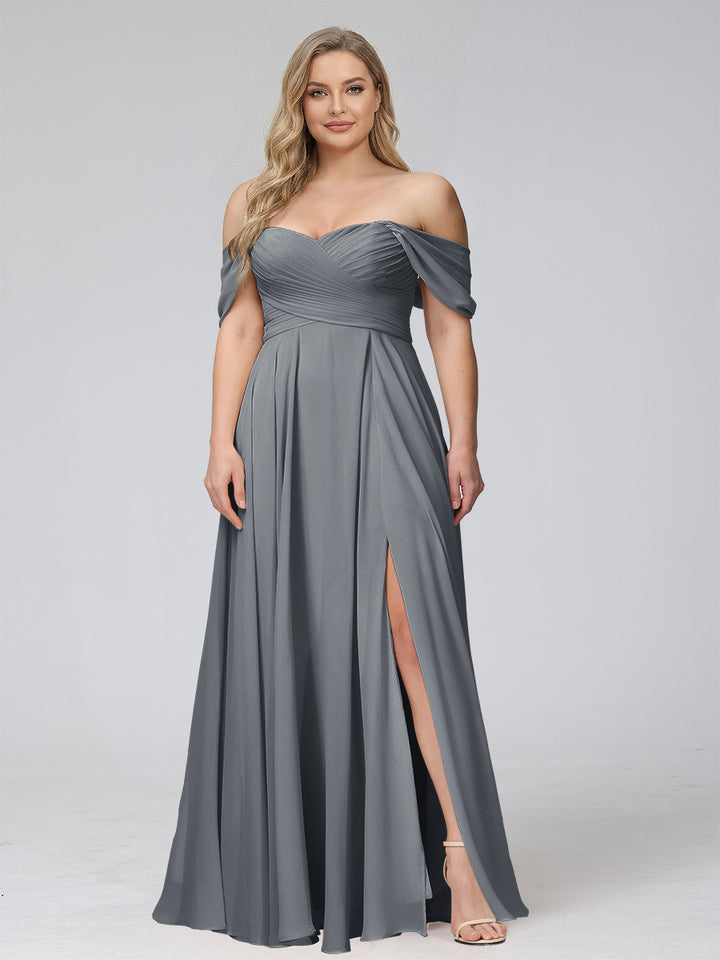 A-Line Off-the-Shoulder Sleeveless Ruched Long Chiffon Plus Size Bridesmaid Dresses with Split Side