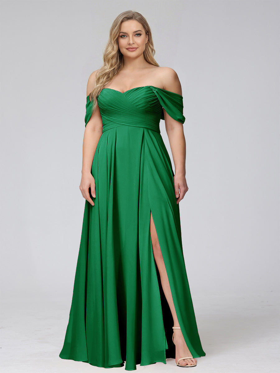 A-Line Off-the-Shoulder Sleeveless Ruched Long Chiffon Plus Size Bridesmaid Dresses with Split Side