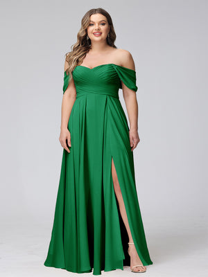 A-Line Off-the-Shoulder Sleeveless Ruched Long Chiffon Plus Size Bridesmaid Dresses with Split Side