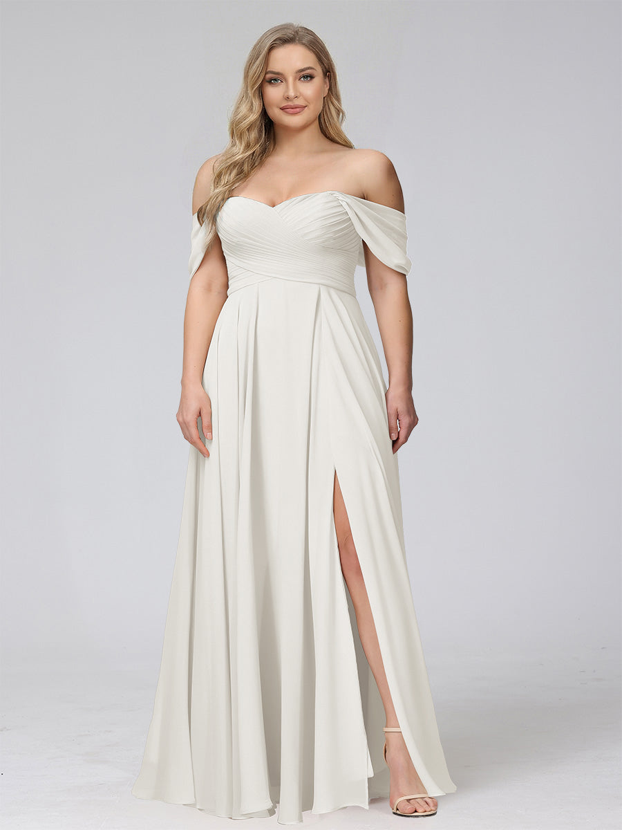 A-Line Off-the-Shoulder Sleeveless Ruched Long Chiffon Plus Size Bridesmaid Dresses with Split Side