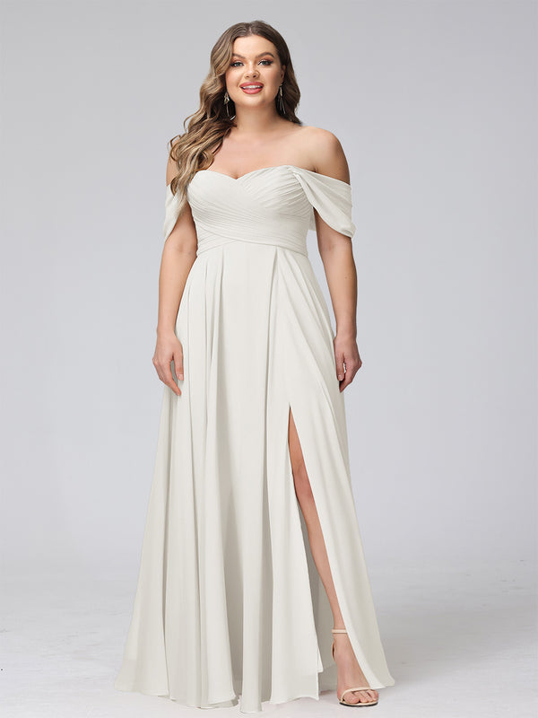 A-Line Off-the-Shoulder Sleeveless Ruched Long Chiffon Plus Size Bridesmaid Dresses with Split Side