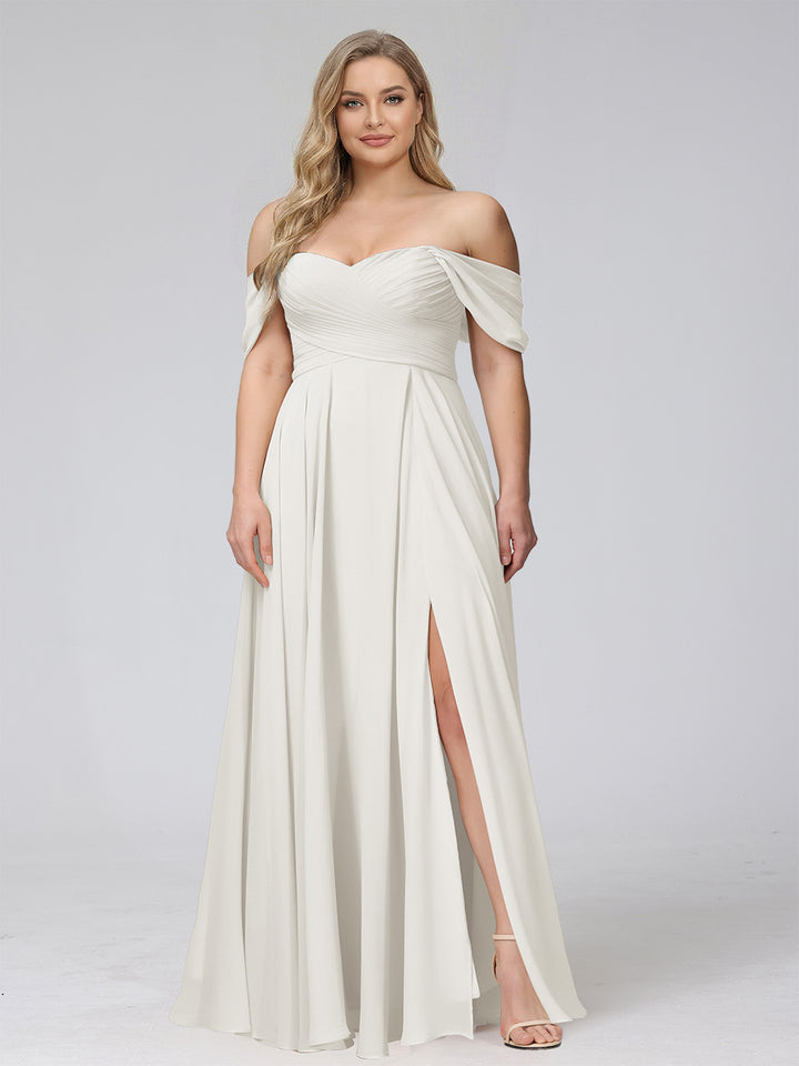 A-Line Off-the-Shoulder Sleeveless Ruched Long Chiffon Plus Size Bridesmaid Dresses with Split Side