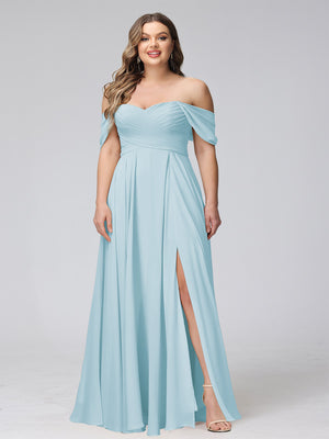 A-Line Off-the-Shoulder Sleeveless Ruched Long Chiffon Plus Size Bridesmaid Dresses with Split Side