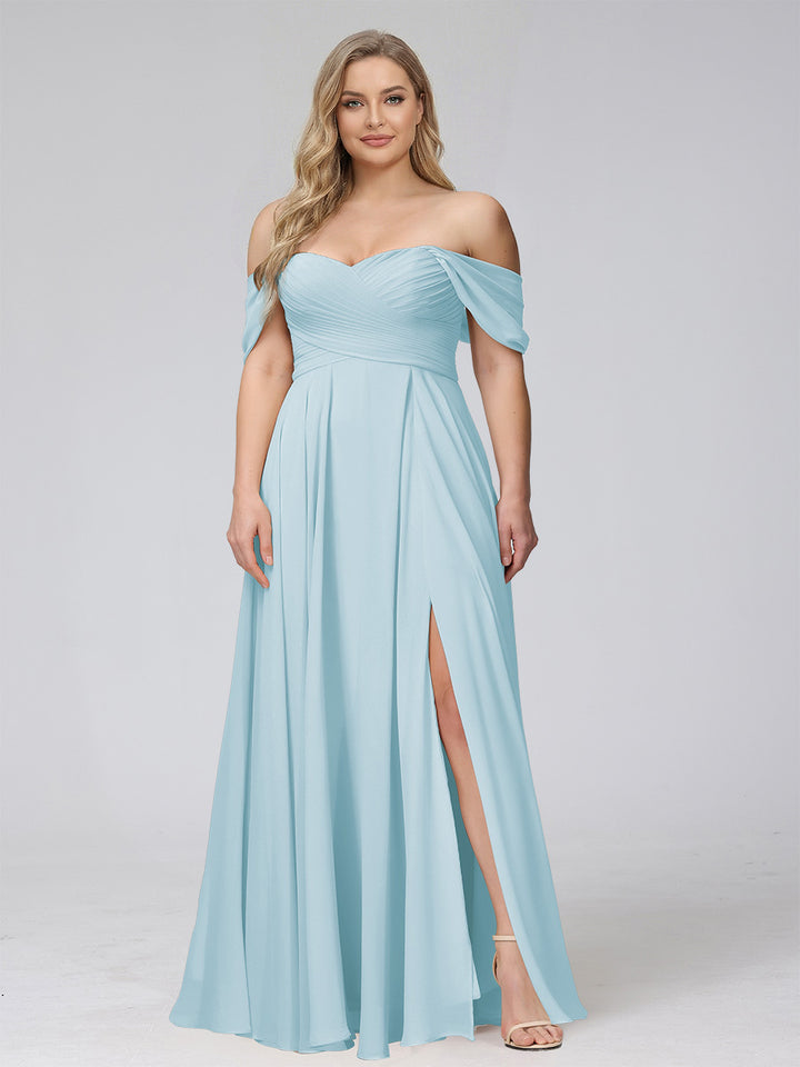 A-Line Off-the-Shoulder Sleeveless Ruched Long Chiffon Plus Size Bridesmaid Dresses with Split Side