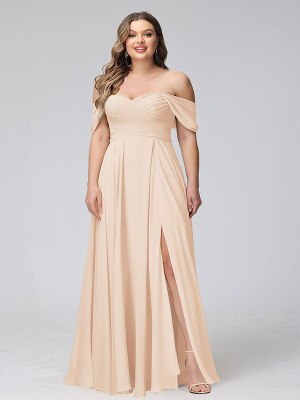 A-Line Off-the-Shoulder Sleeveless Ruched Long Chiffon Plus Size Bridesmaid Dresses with Split Side