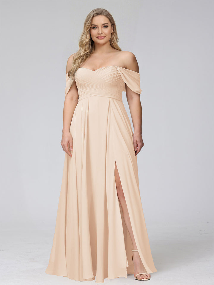 A-Line Off-the-Shoulder Sleeveless Ruched Long Chiffon Plus Size Bridesmaid Dresses with Split Side