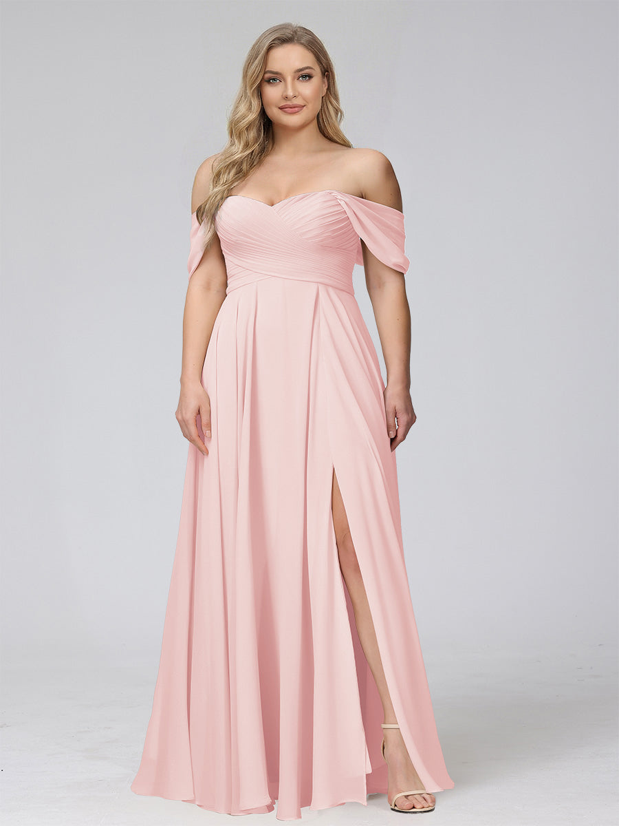 A-Line Off-the-Shoulder Sleeveless Ruched Long Chiffon Plus Size Bridesmaid Dresses with Split Side