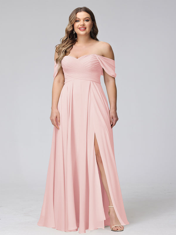 A-Line Off-the-Shoulder Sleeveless Ruched Long Chiffon Plus Size Bridesmaid Dresses with Split Side
