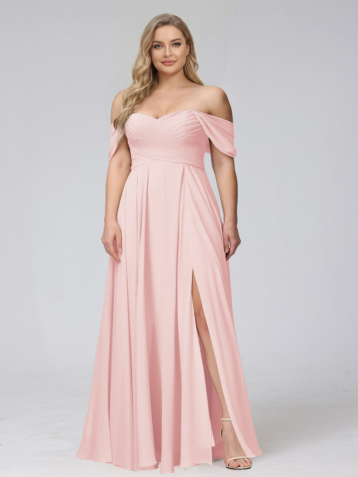 A-Line Off-the-Shoulder Sleeveless Ruched Long Chiffon Plus Size Bridesmaid Dresses with Split Side