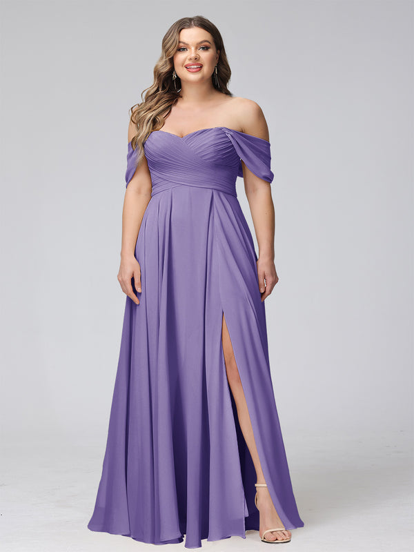 A-Line Off-the-Shoulder Sleeveless Ruched Long Chiffon Plus Size Bridesmaid Dresses with Split Side
