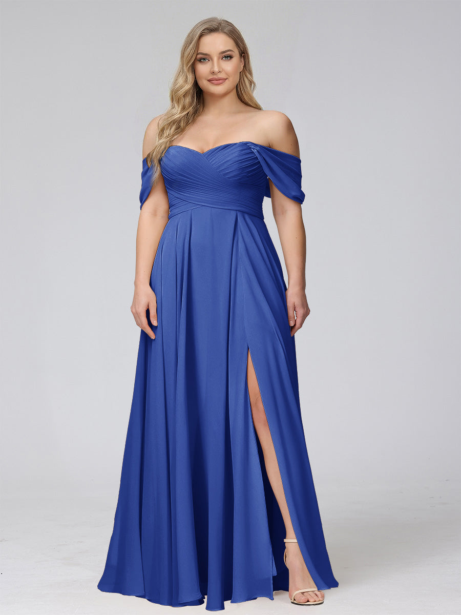 A-Line Off-the-Shoulder Sleeveless Ruched Long Chiffon Plus Size Bridesmaid Dresses with Split Side