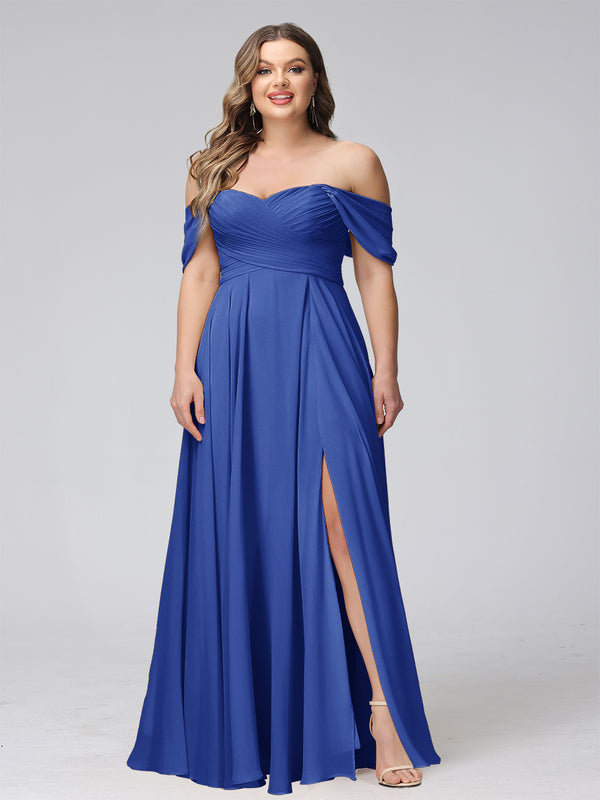 A-Line Off-the-Shoulder Sleeveless Ruched Long Chiffon Plus Size Bridesmaid Dresses with Split Side