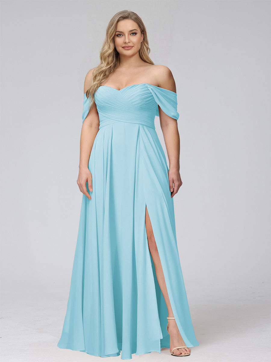 A-Line Off-the-Shoulder Sleeveless Ruched Long Chiffon Plus Size Bridesmaid Dresses with Split Side