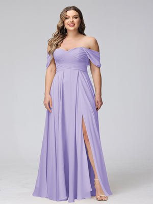 A-Line Off-the-Shoulder Sleeveless Ruched Long Chiffon Plus Size Bridesmaid Dresses with Split Side