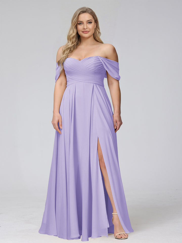A-Line Off-the-Shoulder Sleeveless Ruched Long Chiffon Plus Size Bridesmaid Dresses with Split Side