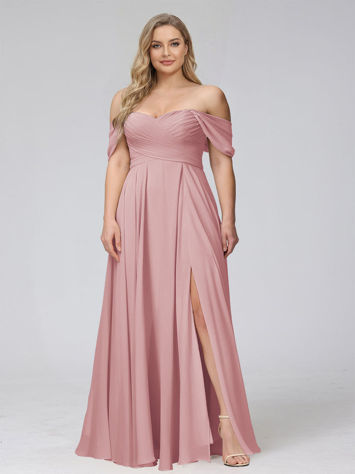 A-Line Off-the-Shoulder Sleeveless Ruched Long Chiffon Plus Size Bridesmaid Dresses with Split Side