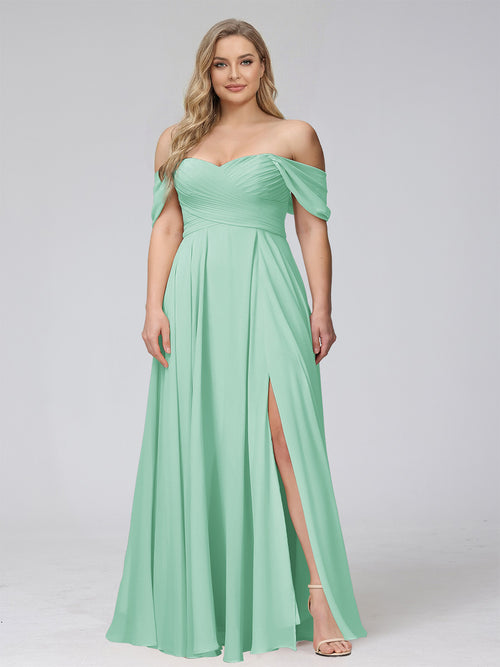 A-Line Off-the-Shoulder Sleeveless Ruched Long Chiffon Plus Size Bridesmaid Dresses with Split Side